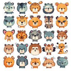 big animal set 8, cute faces, hand-drawn characters