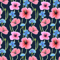 Seamless pattern of hand drawn poppy flowers and blue cornflowers. Drawn by markers illustration. Botanical hand painted floral elements on blue grey background.