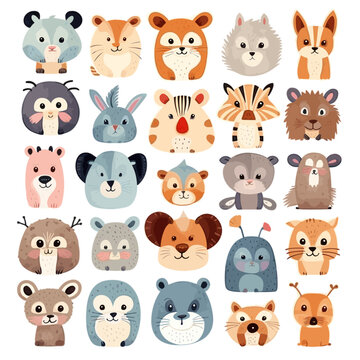 big animal set 7, cute faces, hand-drawn characters