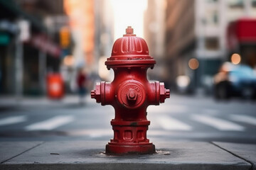 A fire hydrant, soft-focus urban landscape in the background. generative AI