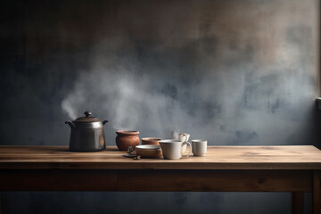 kitchen featuring a wooden table with a steaming cup of coffee. generative AI