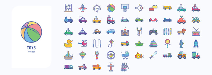 Fototapeta premium A collection sheet of linear color icons for Toys, including icons like Abacus, Airplane, Ball, Basketball and more