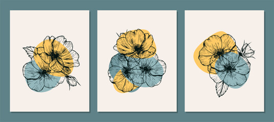 Set of trendy posters in pastel colours. Collection of vintage wall prints with flowers and leaves.
Aesthetic art.