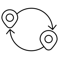 Two map markers connected by circular arrows. Simple outline vector icon of round trip, delivery optimization, etc. Pictogram with black thin lines isolated on transparent. Line thickness editable