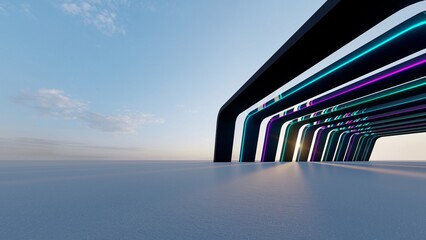 Futuristic interior background geometric walls glowing neon 3d render