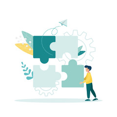 Business concept. Metaphor of a guy connecting puzzle pieces. Vector illustration flat design style. Business management is the right approach.
