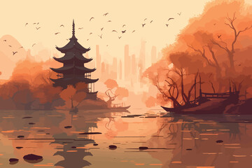 Temple by the Lake: A Warmly Illustrated View of a Tranquil Temple on the Water