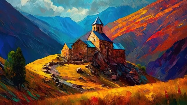 illustration of a church on top of mountain hill in summer time, idea for home wall decor,  Generative Ai