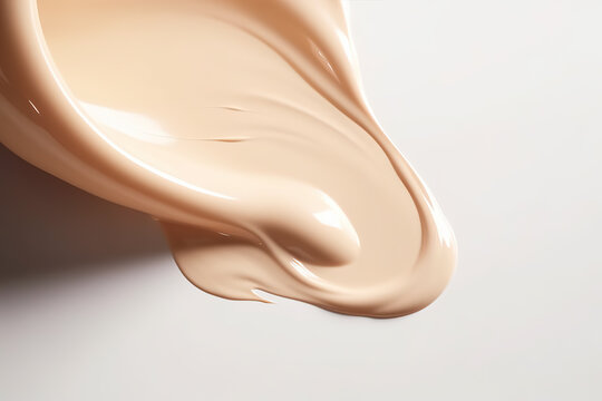 Liquid foundation strokes on light color background, Makeup creamy texture, Skin tone cosmetic product smear smudge swatch, Skin care beauty products.