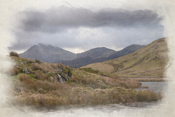 Digital watercolour painting of Moel Hebog from Llyn Dywarchen in the Eryri National Park.