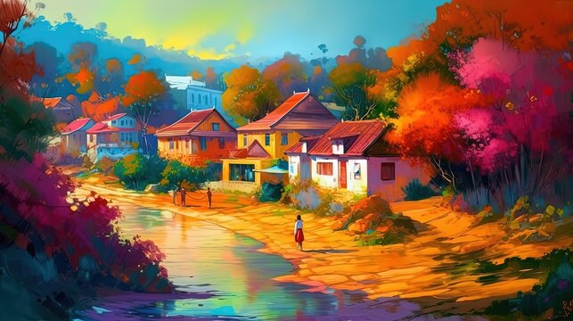 illustration of beautiful tranquil Europe rural countryside village, Generative Ai