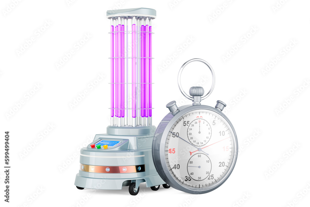 Poster uv-disinfection robot with stopwatch, 3d rendering