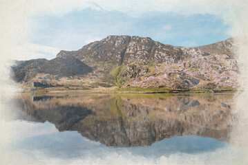 Cwmorthin Terrace and Rhosydd Slate Quarry digital watercolour painting, Blaenau Ffestiniog.