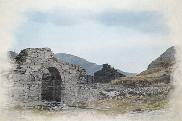 Fototapeta premium Cwmorthin Terrace and Rhosydd Slate Quarry digital watercolour painting, Blaenau Ffestiniog.