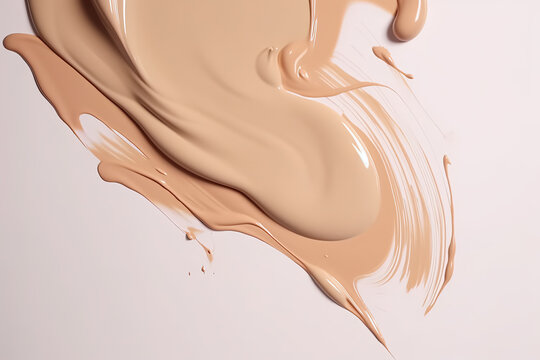 Liquid foundation strokes on light color background, Makeup creamy texture, Skin tone cosmetic product smear smudge swatch, Skin care beauty products.