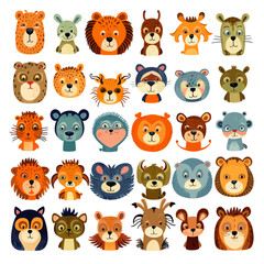 big animal set 13, cute faces, hand-drawn characters