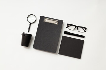 Mockup flat lay with different office accessories on white background