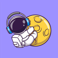 Cute Astronaut Hug Moon With Headphone Cartoon Vector Icon Illustration. Science Technology Icon Concept Isolated Premium Vector. Flat Cartoon Style
