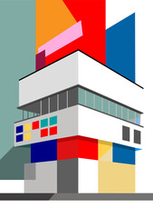 Fototapeta premium Edificio Bauhaus con formas geométricas colores llamativos y elementos de decoración para el hogar, retro poster abstracto y geométrico de bauhaus