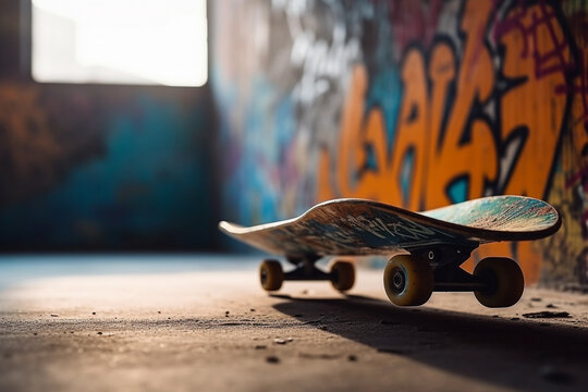 A skateboard resting on a concrete. generative AI