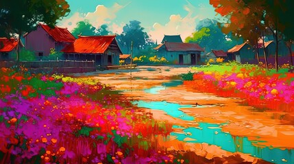 illustration of Southeast Asian rural countryside hut after raining day with water puddle, Generative Ai