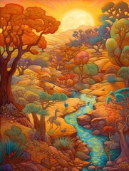 Fototapeta na wymiar Illustrate a whimsical desert oasis teeming with life, color palette of warm oranges