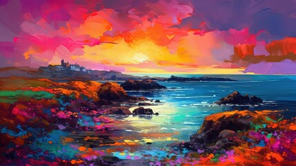 Fototapeta na wymiar illustration of beautiful gradient twilight sky at sea shore, idea for home wall decor, Genretive Ai