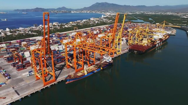 Containers On Cargo Ship In Manzanillo Port, Colima, Mexico - aerial shot