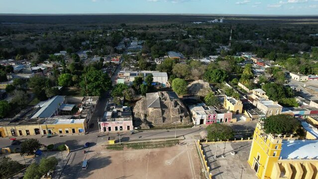 orbital drone shot of mayan ruins at acanceh yucatan mexico