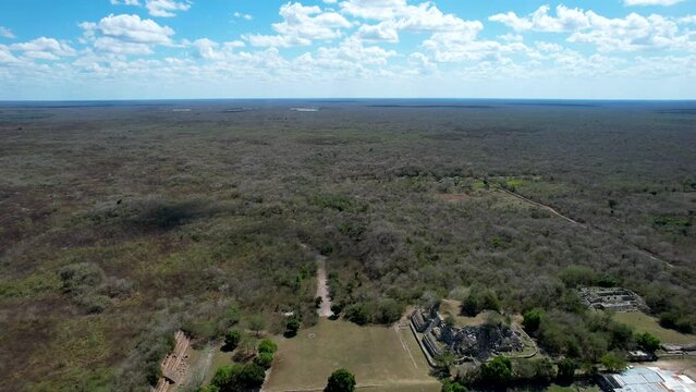 aerial front shot of mayan reuins at ake yucatan