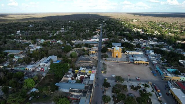 orbital drone shot of the town of acanceh yucatan mexico