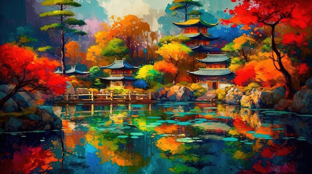 illustration of beautiful ancient Asian village in autumn or spring with colorful tree and flower, Generative Ai
