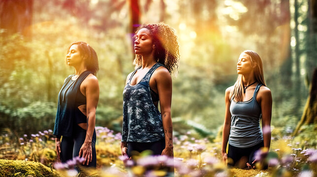 Three young women of different ethnic groups meditate while standing in a sun-drenched, densely overgrown forest, made with generative ai
