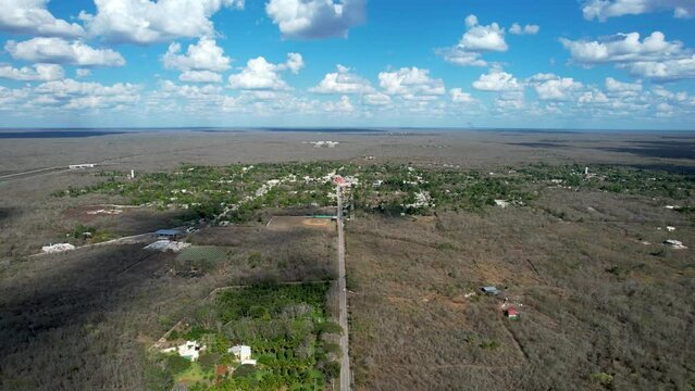 drone shot of tahmek town during heavy drought in yucatan mexico