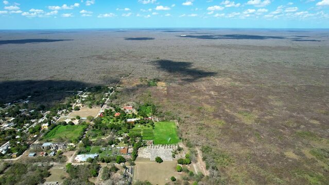 aerial shot of abandoned mayan ruins of ake yucatan mexico
