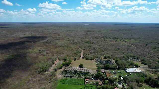 aerial shot of mayan ruins in yucatan mexico