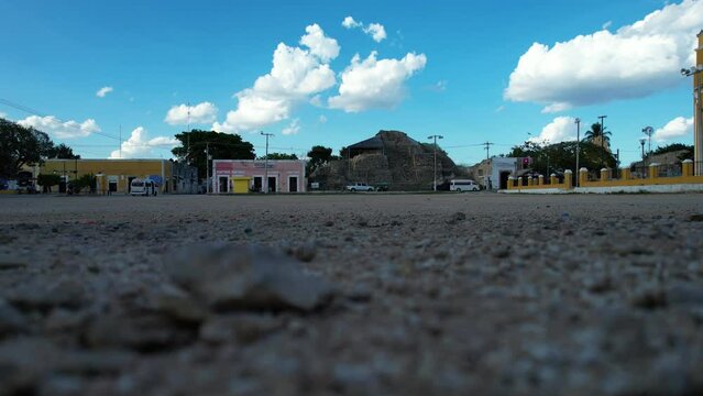 drone shot of main plaza at acanceh yucatan