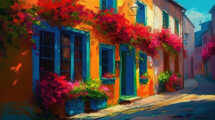 Fototapeta na wymiar illustration of beautiful narrow city alley with colorful building has flower pot decorated, Generative Ai