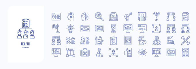 A collection sheet of outline icons for UX UI and web, including icons like Analytics, brainstorming, Coding, Feedback, Innovation and more