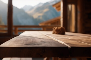 Fototapeta na wymiar Empty wooden table in a cozy mountain cabin. generative AI