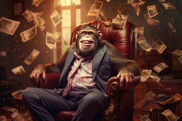 Fototapeta na wymiar A monkey or chimpanzee sitting on a chair surrounding with money. Generative AI