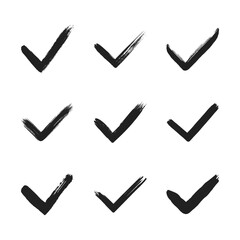 Dirty grunge hand drawn tick v with brush strokes vector illustration set isolated on white background graphic design. Check mark symbol YES button for vote in check box, web, etc.