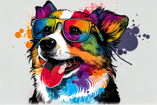 Colorful Dog Wearing Sunglasses Isolated On White Background - Generative AI