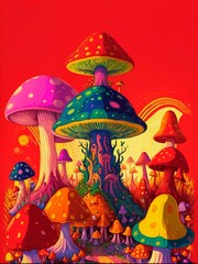 Fototapeta na wymiar mushroom digital art fantasy illustration colorful background wallpaper colorful vibrant artistic style health nature plants generative ai