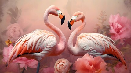 Naklejka premium Two flamingos in love on the background of flowers in pastel color. Generative ai illustration