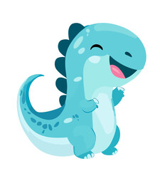 Happy cute little blue dinosaur vector art
