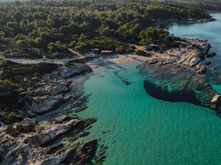 Fototapeta na wymiar Drone photo at kavourotrypes beach summer Greece with clear blue water