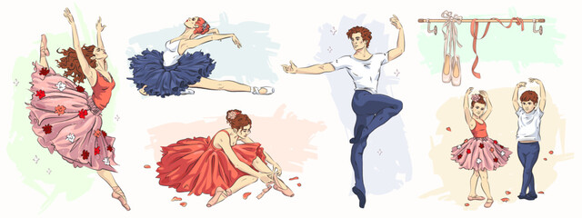 Hand drawn sketch ballet set. Vector illustration of ballerina and ballet studio elements isolated on background © AM_art