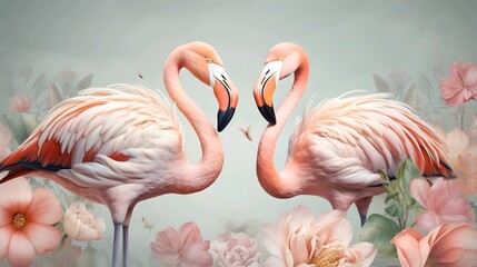 Naklejka premium Two flamingos in love on a background of flowers and plants. Generative ai illustration