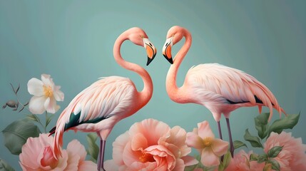 Two flamingos in love on a background of flowers and plants. Generative ai illustration